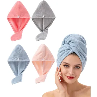 Lumimi Haarturban 4er Set, Rosa Grau Hellrosa Hellblau | Mikrofaser, Weich, Extra Saugfähig, Schnelltrocknend, Mit Knopf