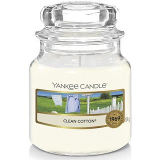 Yankee Candle Duftkerze im Glas (klein) | Clean Cotton | Brenndauer bis zu 30 Stunden, Kleine Kerze im Glas