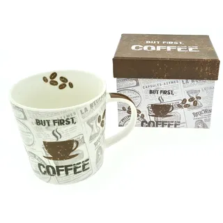 Porzellan-Tasse in Geschenk-Verpackung, But First Coffee, braun creme, Kaffee-Tasse Kaffee-Becher Geschenk-Box