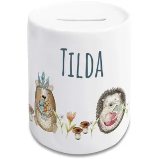 GRAZDesign Spardose Kinder mit Name Mädchen, Geschenk personalisiert Taufe, Geburtstag Motiv Waldtiere mit Fuchs, Keramik in weiß