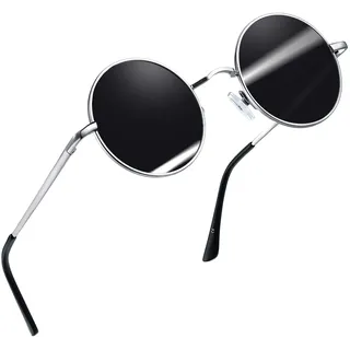 Joopin Klassische Runde Sonnenbrille für Herren Vintage Polarisierte Sonnenbrille Rund Schwarz Hippie Brille Damen UV400 Schutz (Silber Schwarz) - Einheitsgröße
