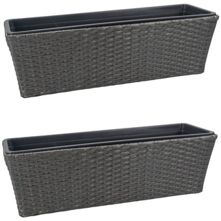 kamelshopping Balkonkasten Balkonkasten mit Halterung in Rattan-Optik, ca. 60 cm breit (2 St), ca. 11 Liter Fassungsvolumen, ohne Wasserspeicher, inkl. Pflanzschale grau