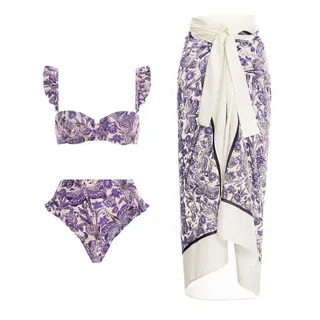 3 Teilig Bikini Damen Set mit Rock, Rüschen Bikini Damen High Waist Badeanzug Bauchweg Chiffon Bikini Cover Up Rock Elegant Blumenmuster Bademode Schwimmanzug Badeanzüge Bikini-Sets Swimsuit