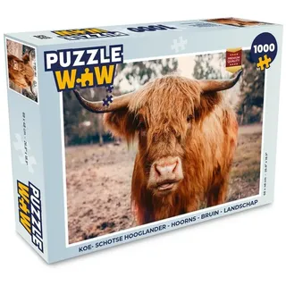 MuchoWow Puzzle Kuh - Schottischer Hochländer - Hörner - Braun - Landschaft, 1000 Puzzleteile, Foto-Puzzle, Bilderrätsel, Puzzlespiele, Klassisch braun 48 cm x 68 cm x 2 cm | Querformat