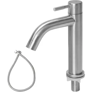 Minnhua Waschtischarmatur Edelstahl Kaltwasserhahn Gäste WC mit Schlauch, Kaltwasser Armatur, Wasserhahn Bad Kaltwasser, Kaltwasser Armaturen für Bad, Küche, Außenbereich (Gebogener Wasserauslass)
