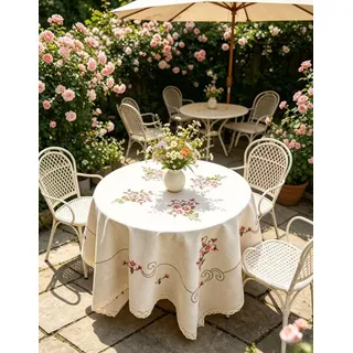 Devola Tischdecke Leinenoptik Tischtuch Landhausstil Tischdecken mit Blumen-Stickerei, Waschbar, Tischwäsche Dekoration für Küche Garten Party Terrasse Rund 135cm
