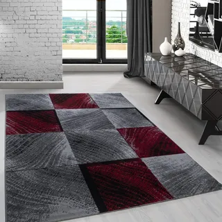 Carpetsale24 Teppich 200x290 cm Schwarz Rot Kurzflor Abstrakt Karo Design Moderner Teppich für Wohnzimmer Schlafzimmer Flur Küche Esszimmer Kinderzimmer Pflegeleicht Weich