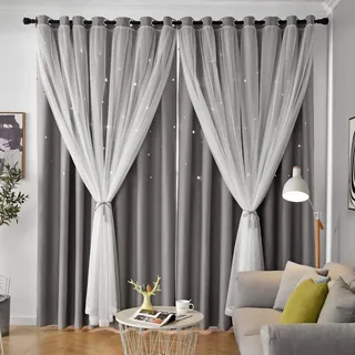 Loyala Vorhänge Vorhang Kinderzimmer Sterne Vorhänge für Kinder, Doppellagig Sternausschnitte Vorhänge, Dekoration für Schlafzimmer, 2 Paneele, Grau, 133 x 160 cm
