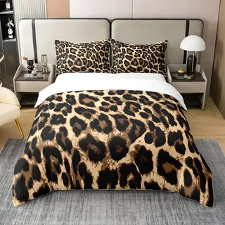 100% Bio Baumwolle Leopard Print Bettbezug 135x200,Schwarz Braune Geparden Bettwäsche Set für Frauen Mann,Afrika Wild Tier Thema Tröster Abdeckung,Safari Haut Textur Bett Sets mit1 Kissenbezug