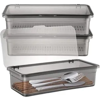 Drei-teilige Besteckbox mit Deckel - Kunststoff-Schublade - Besteck und Besteck in Grau - Grau