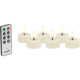 Candela Lights LED Teelicht 6er Set creme Ø4,5cm Flammeneffekt & feste Flamme mit Fernbedienung Timer Funktion & mehrstufig dimmbar