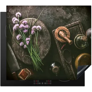 KitchenYeah© Herdabdeckplatte Einteilig Glaskeramikkochfeld Abdeckplatte Küche Deko Glaskeramikkochfeldabdeckung Herdabdeckung Induktionsmatte Kräuter - Industrial - Gewürze - Braun - 60x52 cm