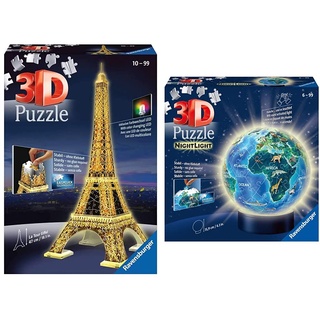 Ravensburger 12579 3D Puzzle Eiffelturm bei Nacht mit 216 Teilen, für Kinder und Erwachsene, Wahrzeichen von Paris im Miniatur-Format & 3D Puzzle 11844 - Nachtlicht Puzzle-Ball Globus - 72 Teile