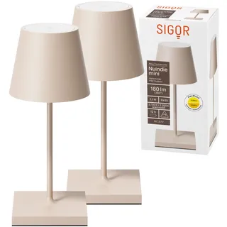 SIGOR 2 Stück Nuindie 2.0 mini - Dimmbare kleine LED Akku-Tischlampe Indoor & Outdoor, IP54 spritzwassergeschützt, Höhe 25 cm, aufladbar mit USB-C, 12 h Leuchtdauer, dünenbeige