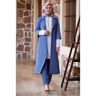 Modavitrini Anzug 3-teilig Damen Tunika Anzug Dreiteiler Sakko Longtunika mit Hose Hijab Mode (Set, Sakko & Bluse & Hose) Armdetail blau 44(EU 42)
