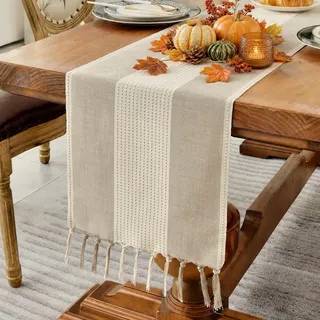 Wracra Tischläufer Kaffee Baumwolle Leinen, Tischläufer Modern Outdoor | 32 × 180 cm, Tischläufer Herbst Boho, Abwaschbar, Bestickt, Hitzebeständig, Dick und Robust, Esszimmer, Wohnkultur