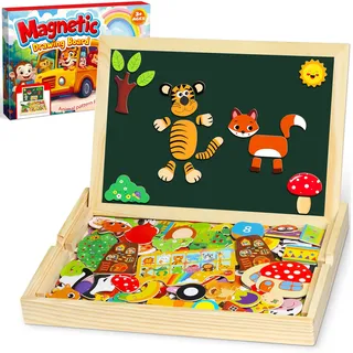 Jojoin 130 Stücke Magnetisches Holzpuzzle - Neu Montessori Holzpuzzle mit Doppelseitig Magnetisch | Wald | Bauernhof | Obst | Bus - Kreativ Spielzeug für Kinder