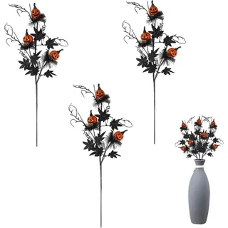 3 Bündel Halloween Deko Schwarz Kunstblumen mit Augäpfeln, Horror Künstliche Blumen Zweige Für Halloween Party Plastikblumen Faux Herbst Pflanzen, Blumenstrauß Für Haus Garten Tisch Deko (Kürbis)