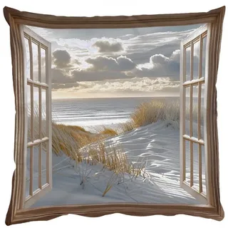 MuchoWow Dekokissen Aussicht - Strand - Dünen - Meer - Natur, Zierkissen mit Kissenfüllung, Deko, Sofakissen, 50x50 cm beige|blau 50 cm x 15 cm x 50 cm