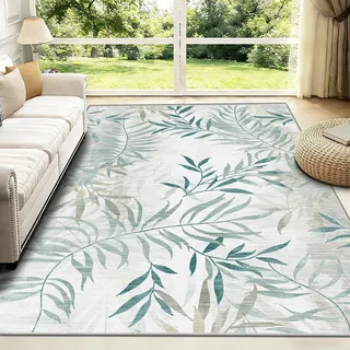 FTCJWL Grün Großer Wohnzimmer Teppich Waschbar 200x300 cm - XXL Botanischer Teppichboden für Esszimmer, Flachgewebe rutschfest & Faltbar, Modernes Design