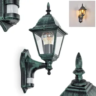 HOFSTEIN Außenwandleuchte Naofe, Außenwandlampe mit Bewegungsmelder aus Metall/Glas in Schwarz-Grün/Klar, moderne Wandleuchte im Retro/Vintage/Landhaus-Design, E27, IP44, Eingangsbereich, Haustür, Hof