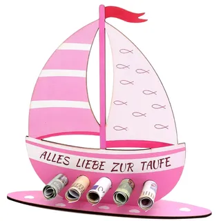 VOSSOT Geldgeschenk Taufe Holzboot Schiff, Kreatives Taufgeschenk Mädchen Jungen, Taufgeschenke für Mädchen mit Sockel, Geschenk Taufe Mädchens, Taufe Geschenk Taufgeschenke für Jungen und Mädchens