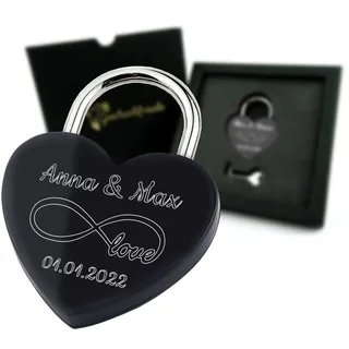 Geschenkfreude Liebesschloss mit Gravur witterungsbeständig - Valentinstags Geschenk für Sie oder Ihn - personalisierte Partner Geschenke für Paare - Pärchengeschenk - Schloss mit Gravur black
