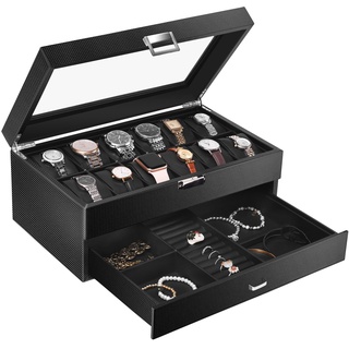 MQFORU Uhrenbox mit 12 Schlitzen für Herren, Leder-Uhrenbox mit Schublade, 2 Etagen, Uhren- und Schmuckkästchen für Herren, Sammlung, Uhren, Sonnenbrillen, Ringe, Halsketten