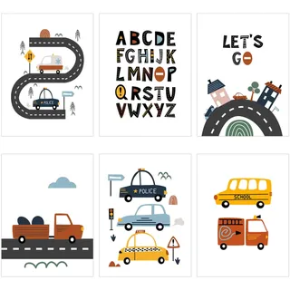 6er Set Poster Kinderzimmer, Bilder Babyzimmer Deko Junge Mädchen, ABC Poster Autos Fahrzeuge Wandbilder Kinderbilder Wanddeko Ohne Rahmen (A,40X50cm)