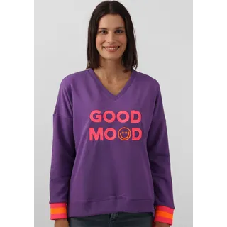 Sweatshirt ZWILLINGSHERZ "Dana" Gr. S/M, lila (new dark purple) Damen Sweatshirts mit V-Ausschnitt, Frontprint, Vokuhila Schnitt, neonfarben