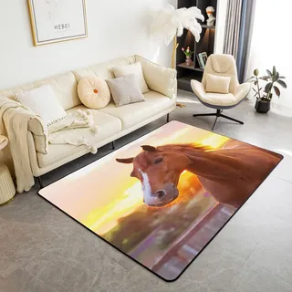 HATEGE Teppich Wohnzimmer 140 x 200 cm Waschbar Braunes Pferd, Outdoor Teppiche Kurzflor 3D Pferd Carpet Flauschig Braunes Pferd Rug Schlafzimmer DT476