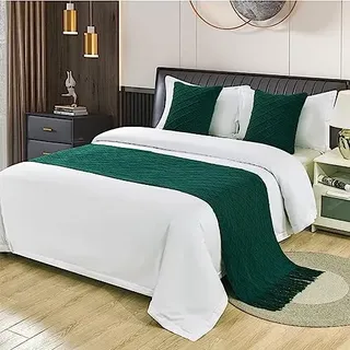 Morbuy Moderne Hotel Bettläufer Schals Quasten Schal Bettlaufer Bettschal Bettschwanz Handtuch Dekoration Für Einzel Queen King Size Bett Flagge (60x260cm für 200cm Bett,Dunkelgrün)