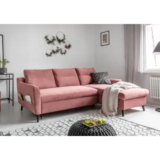 MIUFORM Stylish Stan Velours - Ecksofa mit Bettfunktion - 224x148cm - Puderrosa - L-Form Rechts - Schlafsofa Couch - Türkis