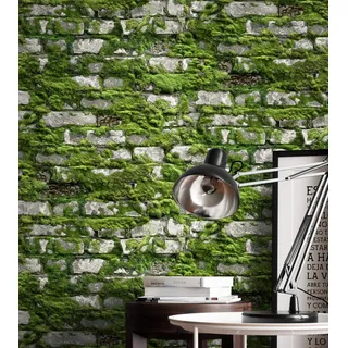 NEWROOM Steintapete Tapete Grau Mauer Stein Modern Vliestapete Grün Vlies moderne Design 3D Optik Steintapete Ziegelstein Backstein Mauerwerk Klinker Loft inkl. Tapezier Ratgeber
