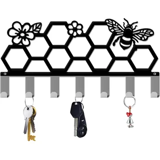 INFUNLY Schlüsselhalter Für Die Wand Bienenstock- Und Bienenmuster Wandhaken Dekoratives Schwarzes Metall-Organizer-Rack Mit 7 Haken Für Tasche Kleidung Schlüsselaufhängung Wanddekoration Biene