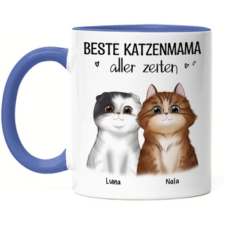 Kiddle-Design Katzenbesitzer Tasse Blau Personalisiert Geschenk Katzenmama Katzenliebhaber Katzenmotiv Spruch Name Katzenfreund Haustier 2 Katzen