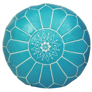ALMADIH Leder Pouf marokkanische Sitzkissen türkis weiße Ziernaht rund gefüllt formstabile Füllung Sitzsack Ottoman Sitzpouf orientalische Fußhocker Hocker Sitz Bodenkissen hell blau (Pouf türkis)