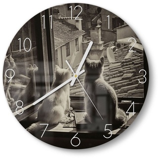 DEQORI Wanduhr 'Katzen auf Fensterbrett' (Glas Glasuhr modern Wand Uhr Design Küchenuhr) schwarz|weiß 30 cm x 30 cm