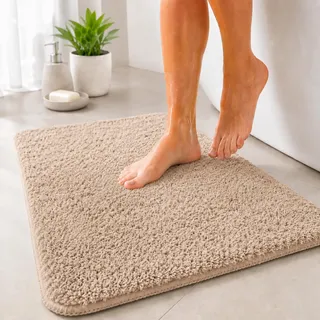 Floordirekt Badematte Sky - Badezimmerteppich - Weicher, dichter Hochflor - Rutschhemmend & Schnell trocknend - Geeignet für Fußbodenheizung - Eckig & Rund (50 x 60 cm, Beige)