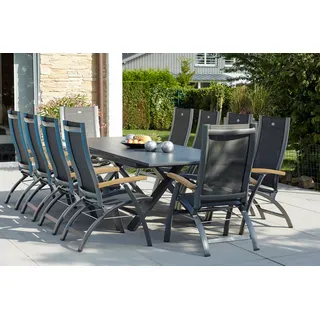 HARTMAN Sondermodell Xanadu / Primo Garten-Essgruppe, xerix/natur, Alu/Teak/Glaskeramik, 10 Klappstühle, 220/280x100cm, X-Gestell, Teak Armlehnen