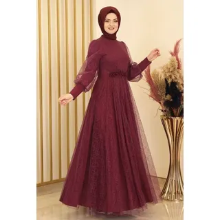 fashionshowcase Abendkleid silbriges Tüllkleid Abiye Abaya Hijab Kleid Maxikleid (SIMLI GAMZE) (ohne Hijab) Hoher Kragen, kein Ausschnitt. rot 42(EU 40)
