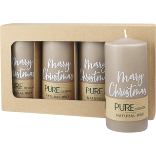 100% PURE, NATURAL WAX, Stumpenkerze „Merry Christmas“, Sand-Weiß, WENZEL, 130/60 mm, Brenndauer ca. 41h, 100% plastikfrei, 4 Stück