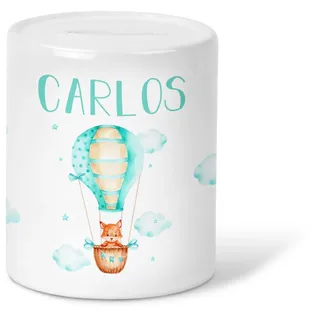 GRAVURZEILE Spardose für Kinder - Ballon Fuchs Design - mit Namen personalisiert - Geschenk für Jungen & Mädchen zum Geburtstag Kommunion Geburt Einschulung Weihnachten - Farbe: Spardose Blau