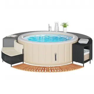 ChicAbode Whirlpool-Umrandung Schwarz Poly-Rattan und Massivholz Akazie Schwimmbecken Poolumrandung