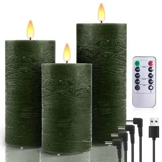 AiiBowy LED Kerzen Aufladbar USB Echtwachs [3er-Set] mit timerfunktion, Kerzen Flackernde Flamme, Adventskranz, LED Stumpenkerzen Outdoor für Halloween Weihnachten Dekoration Grün
