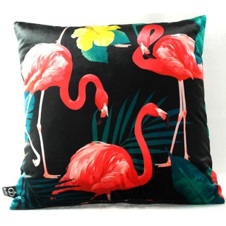 Casa Padrino Luxus Kissen Malibu Flamingos Schwarz / Mehrfarbig 45 x 45 cm - Feinster Samtstoff - Deko Wohnzimmer Kissen