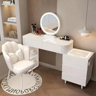 Generisch Schminktisch mit Spiegel mit Tischplatte aus Gehärtetem Glas, Modern Multifunktionaler Frisierkommode mit 5 Schubladen für Schlafzimmer, Montagefreundlich,Weiß + Stuhl