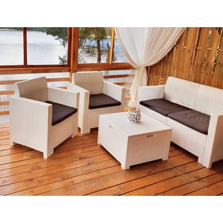 Dmora Lounge, Gartenmöbel-Set mit Kissen, für den Innen-und Außenbereich, Rattanoptik, 100% Made in Italy, Weiß
