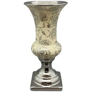 Exner GmbH Garten- & Wohnaccessoires Dekovase Vase Übertopf Beige Silber Pokal Rosenmuster 25 cm, Barockstil beige|silberfarben