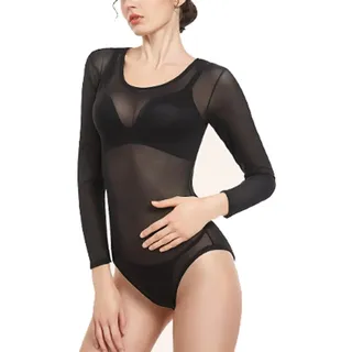 SamHeng Bodys für Damen Spitzenbody Schwarz Damen Sexy Body Damen mit Rundhals Langarm Durchsichtiges Oberteil-L - L